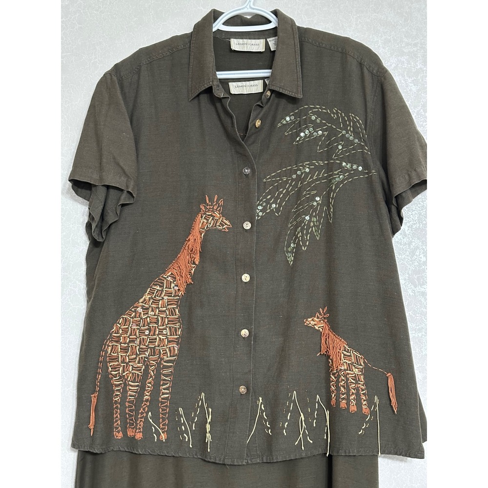 Lemon Grass Safari‎ Giraffe Embroidered 2pc Maxi Dress & Shirt Set Linen Blend L